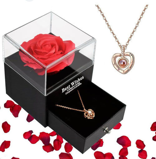 Rosa Eterna en cúpula con el collar de corazón en el cajón